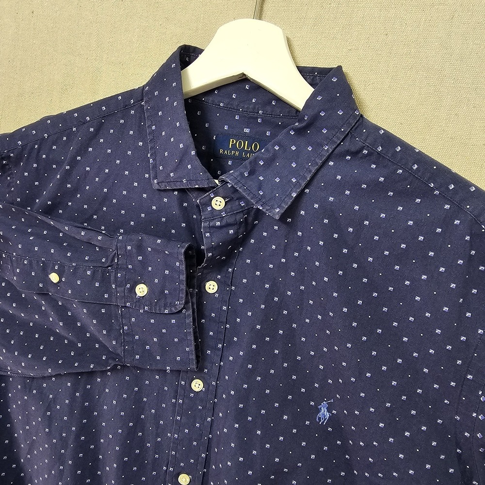 Polo Ralph Lauren Men's XL Blue All Over Print Polka Dot 100% Cotton Long Sleeve